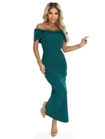 644-1 Zmyselné španielske midi šaty s mašľou vo výstrihu - fľaškovo zelené