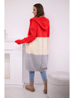 Pruhovaný sveter s kapucňou červený + béžový + sivý