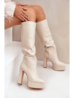 Kozaki Na Słupku I Platformie Z Eko Skóry Jasnobeżowe Felilorn