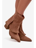 Botki Damskie Na Słupku Z Wywiniętą Cholewką Jasnobrązowe Idalia