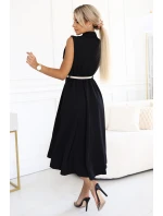 596-3 Elegantná midi košeľa so zlatými gombíkmi a opaskom - ČIERNA