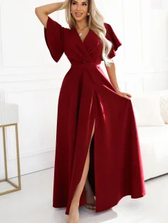 581-2 JENNIFER dlhé šaty s rozparkom na nohách, rukávmi a výstrihom - BRONZE