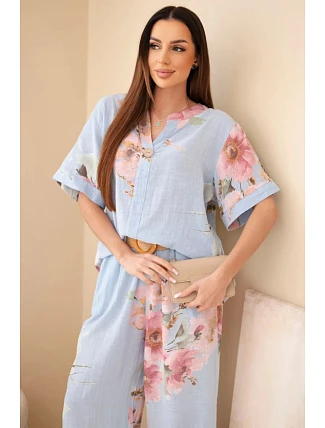 Dámsky bavlnený komplet s krátkym rukávom a širokými nohavicami modrý Dámsky bavlnený komplet s krátkym rukávom a širokými nohavicami modrý