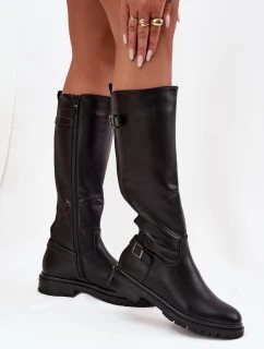 Ocieplane Kozaki Damskie Na Płaskim Obcasie Z Klamrami Czarne Sorelle