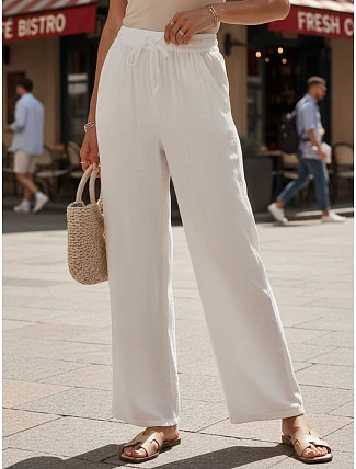 Dámske biele nohavice so širokými nohavicami FashionStreet UY3076 Dámske biele nohavice so širokými nohavicami FashionStreet UY3076