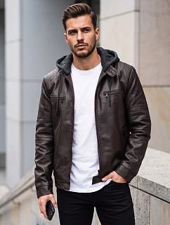 Pánska kožená zateplená bunda s kapucňou, hnedá, FashionStreet TX5144