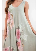 Dámske bavlnené oversize šaty s výstrihom do V a kvetinovou potlačou v khaki farbe