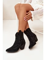 Ocieplane Damskie Botki Kowbojki Ze Zdobieniem Czarne Lelira