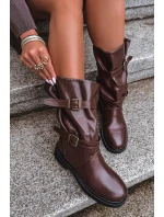 Marszczone Kozaki Damskie Do Połowy Łyski Z Paskami I Klamrami Brązowe Halvessa