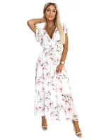 434-4 LISA Plisované midi šaty s výstrihom a volánmi - broskyňový kvet na bielom pozadí 434-4 LISA Plisované midi šaty s výstrihom a volánmi - broskyňový kvet na bielom pozadí