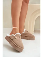 Kapcie Damskie Na Grubej Podeszwie Z Futerkiem I Klamrą Ciemnobeżowe Linneola