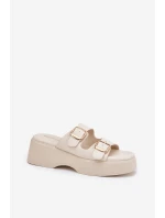 Klapki Damskie Na Koturnie I Platformie Z Klamrami Jasnobeżowe Nitarelia