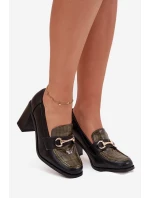 Półbuty Damskie Na Słupku Z Tłoczeniem I Złotym Detalem Zielono-Czarne Novella