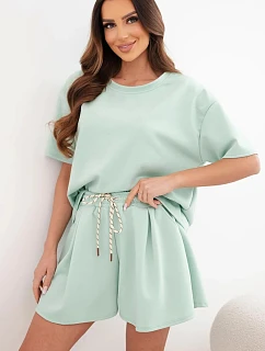 Dámsky viskózový maslový set s krátkym rukávom a šortkami s vysokým pásom tmavý mätový