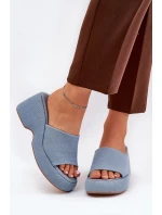 Materiałowe Klapki Damskie Na Platformie I Koturnie Jeansowe Afisal