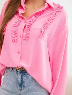 Dámske viskózové tričko s dlhými rukávmi a volánmi svetlo ružové