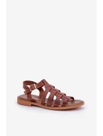 Skórzane Sandały Na Płaskim Obcasie Zazoo 3686 Brązowe