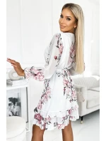 422-2 ROSETTA Dámske šaty s obálkovým výstrihom a opaskom - WHITE IN ROSE 422-2 ROSETTA Dámske šaty s obálkovým výstrihom a opaskom - WHITE IN ROSE