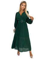 Plisované šaty s opaskom a výstrihom Numoco KLARA - zelené