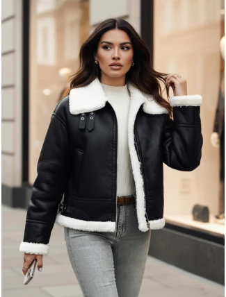 Kurtka skórzana damska z kożuchem FURBLAZE FashionStreet czarna TY4730z Kurtka skórzana damska z kożuchem FURBLAZE FashionStreet czarna TY4730z