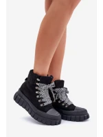 Damskie Ocieplane Botki Trapery Na Platformie Czarne Alcyhen