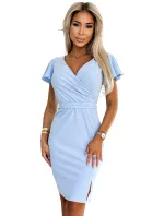 479-6 Šaty NINA s obálkovým výstrihom, rukávmi a opaskom - MODRÉ