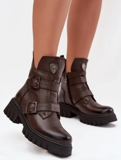 Skórzane Ocieplane Botki Damskie Z Klamrami I Ozdobnym Detalem Zazoo 60482 Czekoladowe