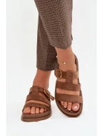 Dámské pantofle s pásky a zlatým sponou, hnědé Ulirissa