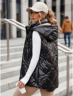 Dlhá dámska prešívaná vesta s kapucňou, čierna, FashionStreet TY5904 Dlhá dámska prešívaná vesta s kapucňou, čierna, FashionStreet TY5904