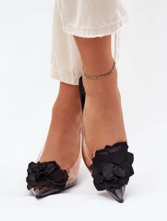 Transparentne Sandały Na Szpilce Z Ozdobnym Kwiatem Czarne Risalie