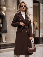 Dlhý dámsky dvojradový kabát s opaskom v čokoládovej farbe FashionStreet NY0816 Dlhý dámsky dvojradový kabát s opaskom v čokoládovej farbe FashionStreet NY0816