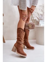 Kozaki Damskie Do Połowy Łydki Na Słupku Ocieplane Camel Ivanelis