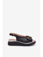 Skórzane Sandały Damskie Na Koturnie Z Kokardą Zazoo 1882 Czarne