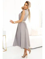 596-2 Elegantná midi košeľa so zlatými gombíkmi a opaskom - GREY BEige