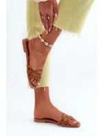 Klapki Damskie Eko Skórzane Na Płaskim Obcasie Brązowe Moldela