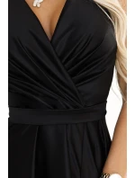 587-2 MONIQUE dlhé exkluzívne saténové šaty s výstrihom a rozparkom na nohách - ČIERNE