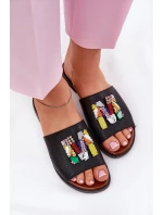 Klapki Damskie Na Płaskim Obcasie Z Ozdobą Czarne Clelione