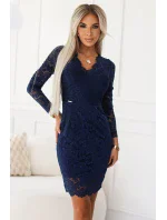 170-15 Čipkované šaty s dlhými rukávmi a výstrihom - tmavomodré