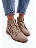 Zazoo 2871 Ażurowe Botki Damskie Sznurowane Beżowe