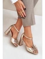 Sandały Skórzane Na Słupku Z Ozdobą Laura Messi 2758 Złote