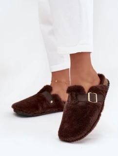 Futrzane Klapki Damskie Na Platformie Z Paskiem I Klamrą Brązowe Noraline