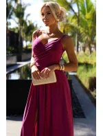299-19 CHIARA elegantné maxi dlhé šaty bez ramienok - FUCHSY WITH BROKER