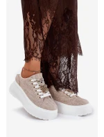 Sneakersy Na Platformie Z Przypinką Miś S.Barski BF51-014 Beżowe