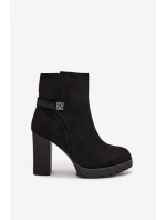 Ocieplane Botki Damskie Na Słupku Z Ozdobnym Paskiem Czarne Zayna