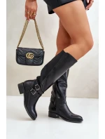 Kozaki Damskie Przed Kolano Na Płaskim Obcasie Z Klamrami Czarne Lotina