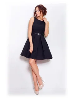 Dámske spoločenské šaty FOLD so skladmi a opaskom stredne dlhé čierne - Čierna - Numoco