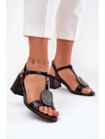 Skórzane Lakierowane Sandały Damskie Na Słupku Z Ozdobą Vinceza 91134 Czarne