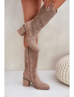 Ażurowe Kozaki Kowbojki Do Połowy Łydki S.Barski HY51-238 Beżowe
