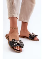 Płaskie Skórzane Klapki Damskie Z Kokardą Laura Messi 2791 Czarne