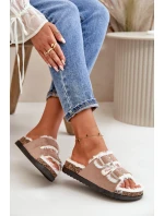 Damskie Kapcie Klapki Z Klamrami I Futerkiem Beżowe Ezilena